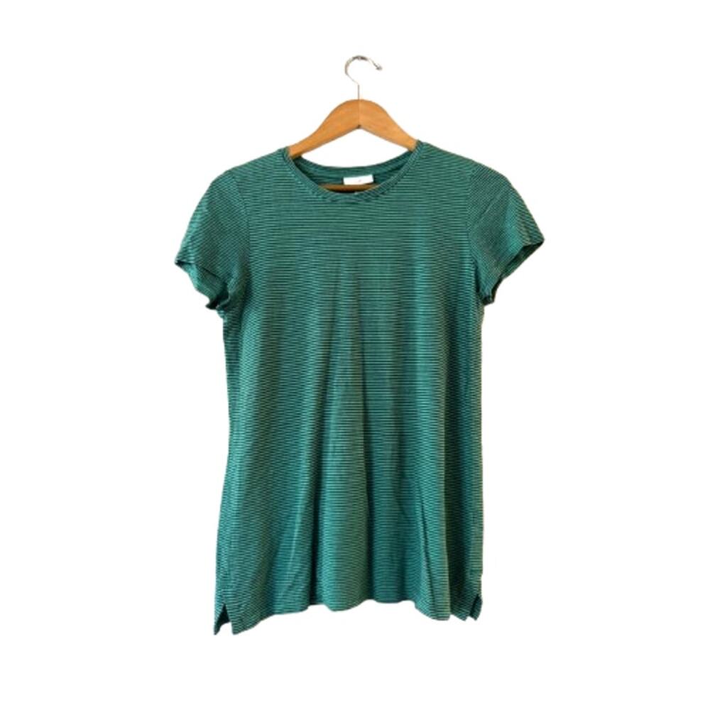 J.Jill Women's Linen Blend Stripe‎ T-Shirt S Green Black Short Sleeve Crew Neck